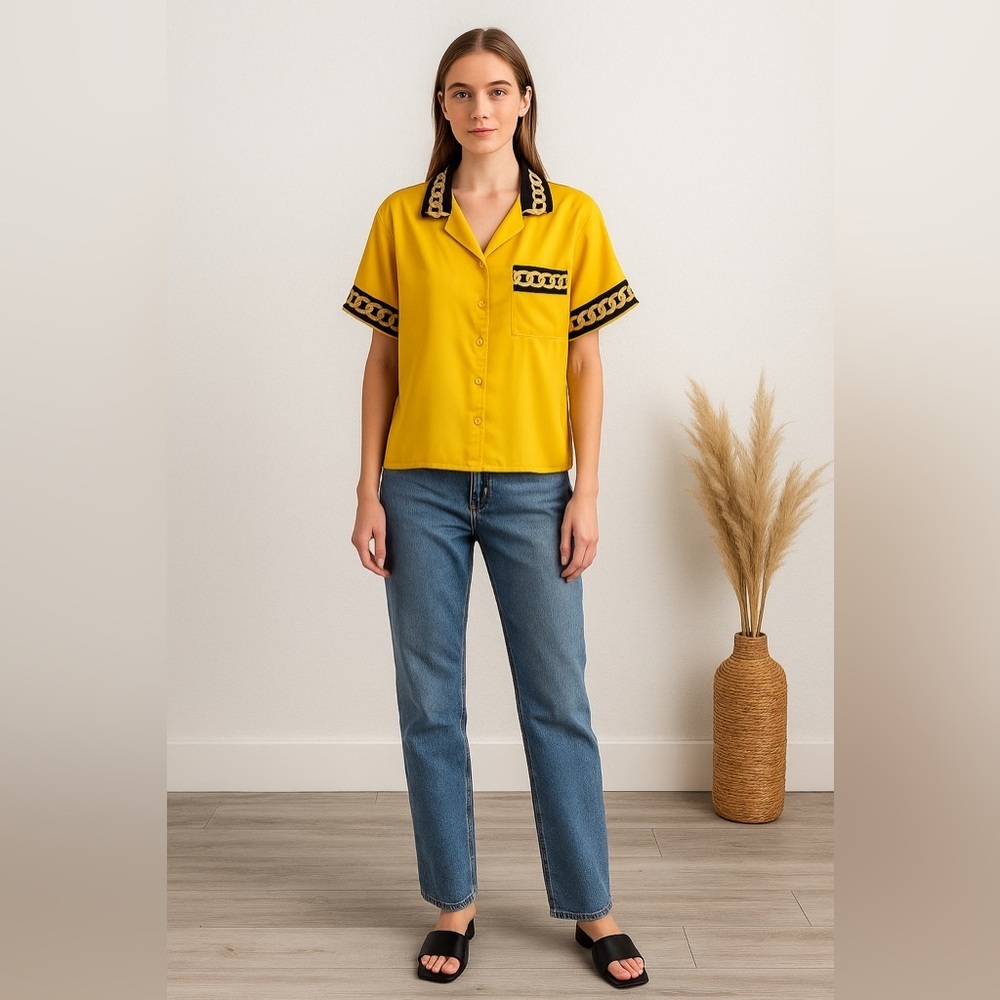Tau Hin Yellow Chains Detail Button Front Women's Top Plus Size XXL